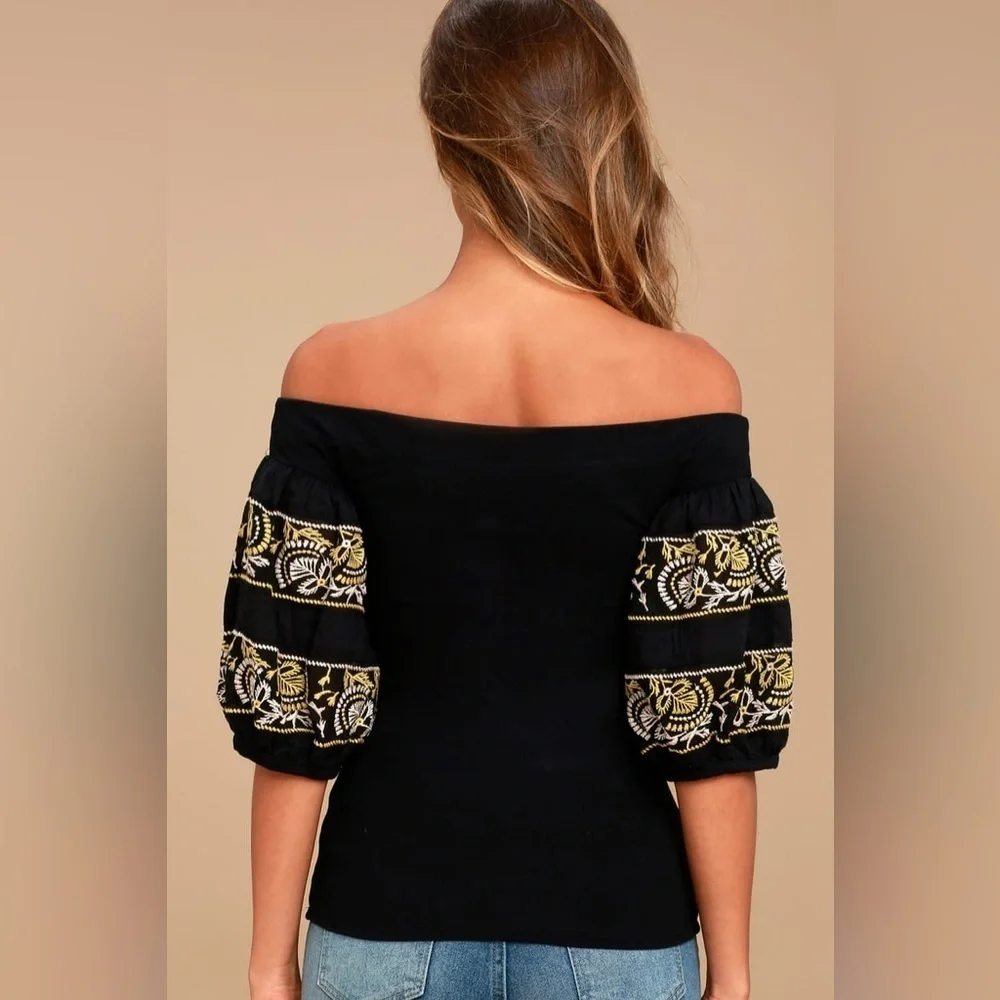 Free People Rock With It Embroidered Crochet Puff Sleeve Top Black/Yellow XS